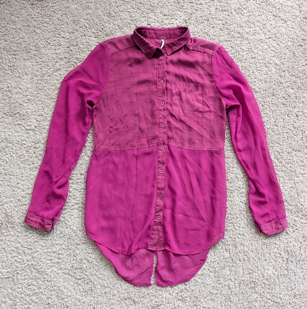 Free People Magenta Purple Best of Both Worlds Sheer Button Down Shirt Small - Picture 4 of 9